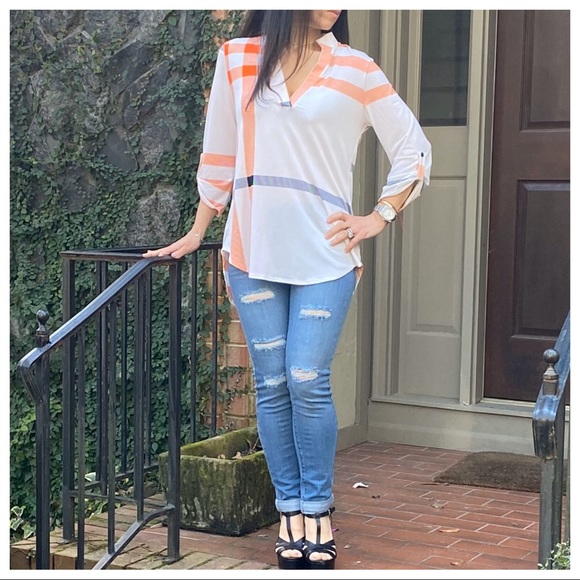 Beige inspired plaid rolled sleeves tunic top - Picture 14 of 16